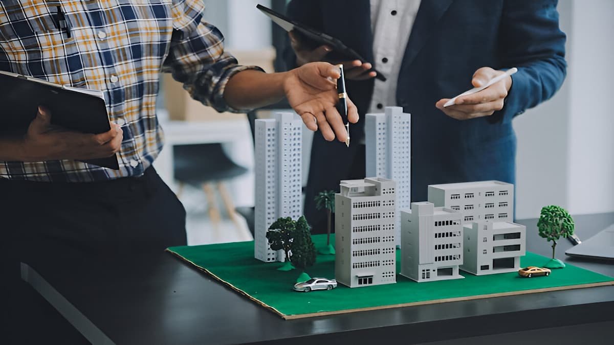 Two men examine a city model, discussing budget-friendly housing projects in Lahore for potential investors
